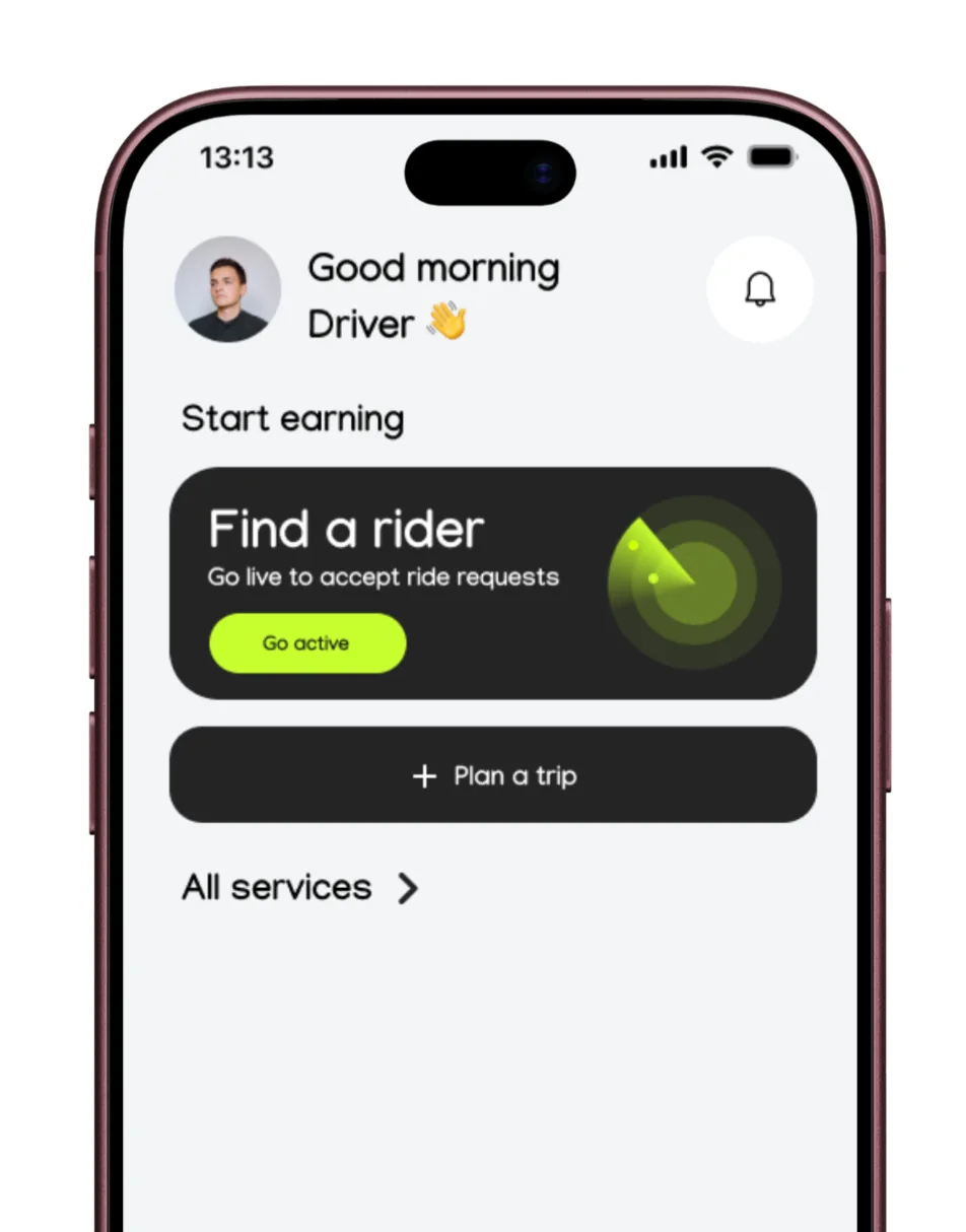 Driver home screen with a Find a rider card