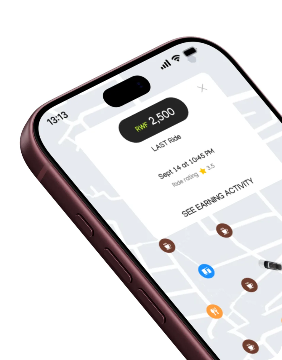 Driver map showing nearby requests and the last ride's earnings